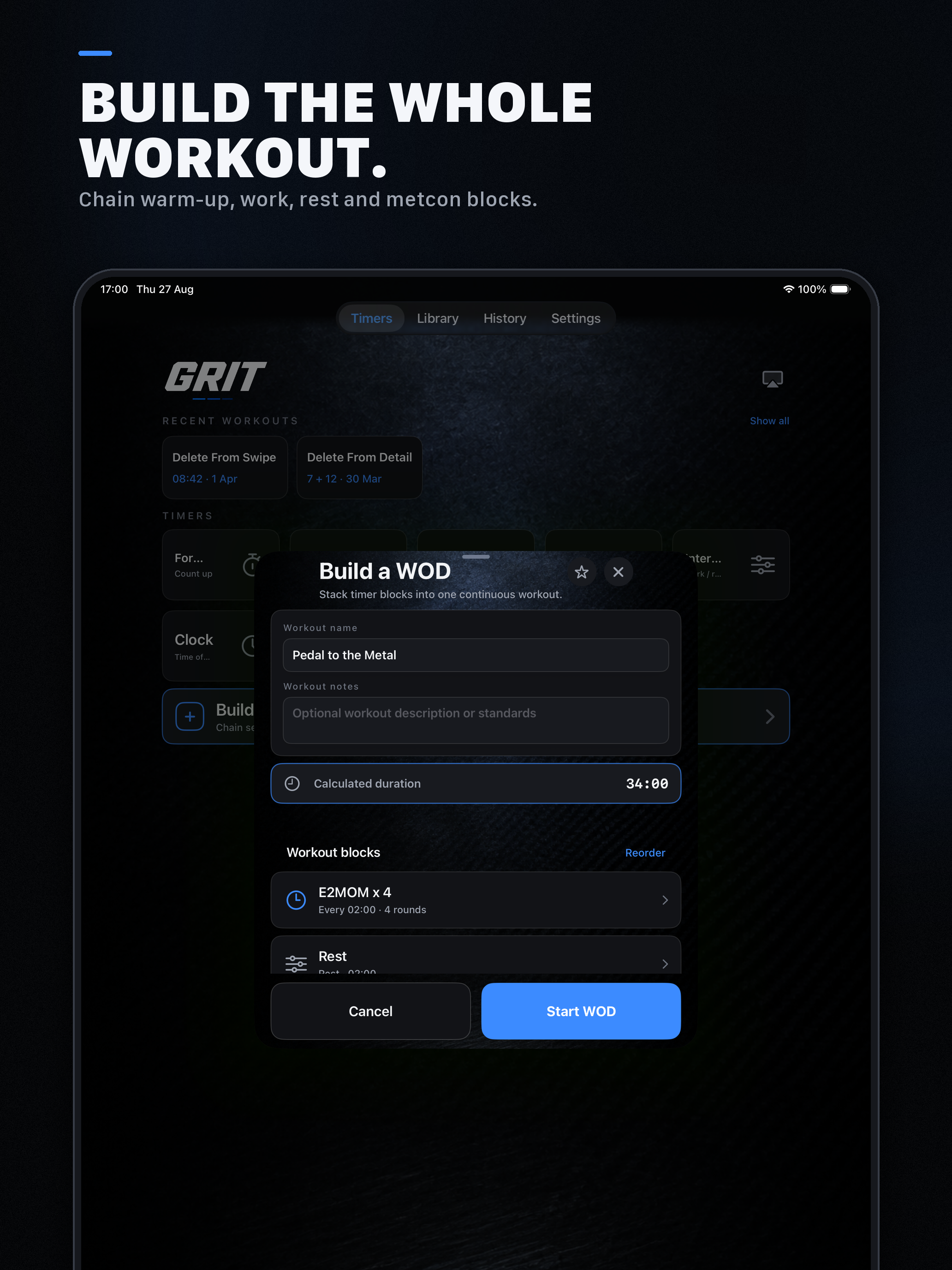 Approved GRIT iPad artwork showing the complete workout composer