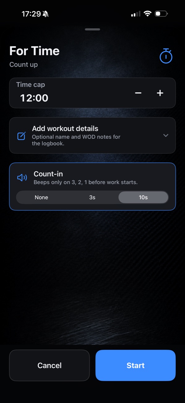 GRIT For Time timer setup screen with time cap and count-in