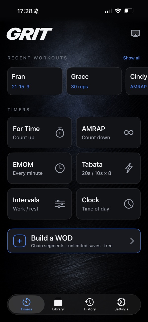 GRIT WOD Timer home screen showing the timer modes and recent workouts